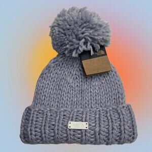 THE NORTH FACE Women’s Purple Gray Knit Pom Pom Winter Beanie Hat Wool B…